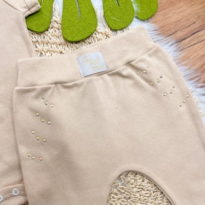Conj. de Malha 3 peças - Flores de Corações com Strass - Areia e Off White